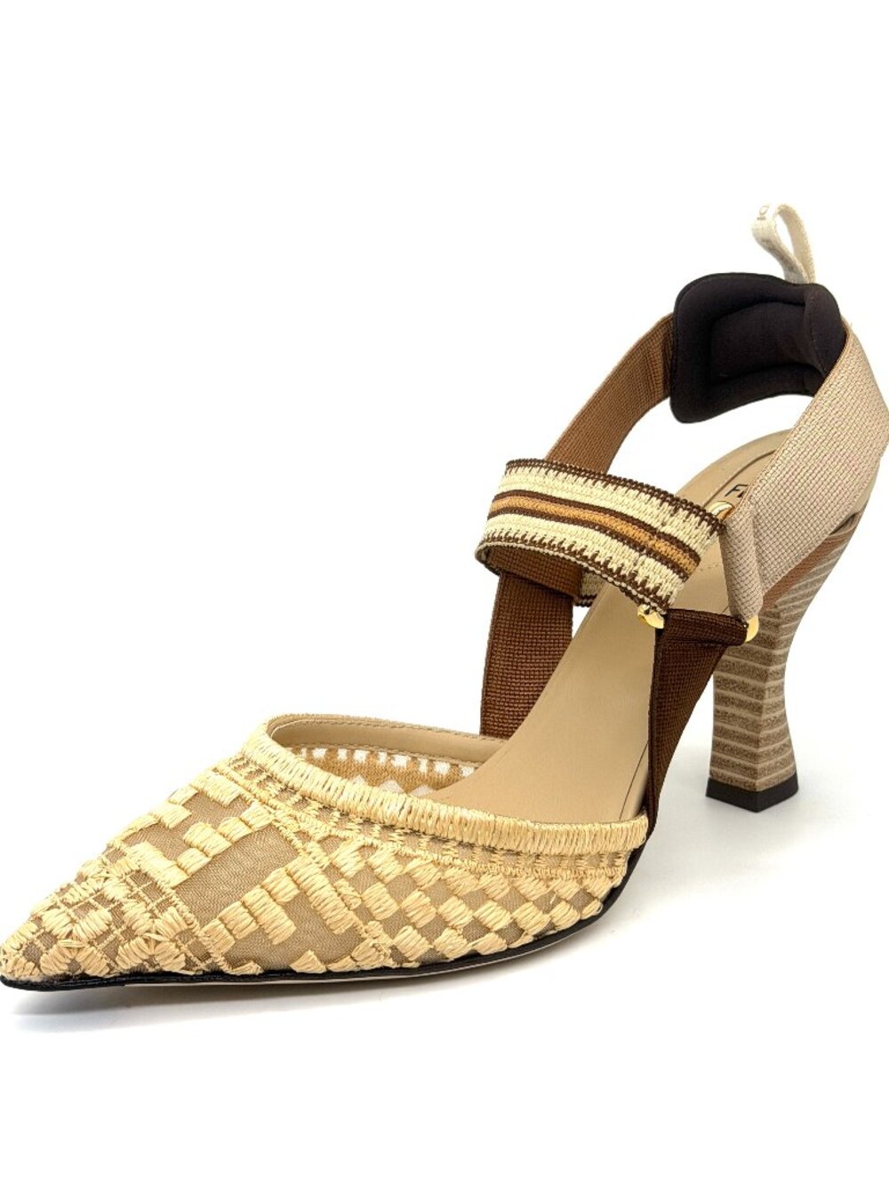 FENDI Colibri 85 Mesh Raffia Sporty FF Logo Slingback Heels Pumps Sandals - Picture 4 of 16
